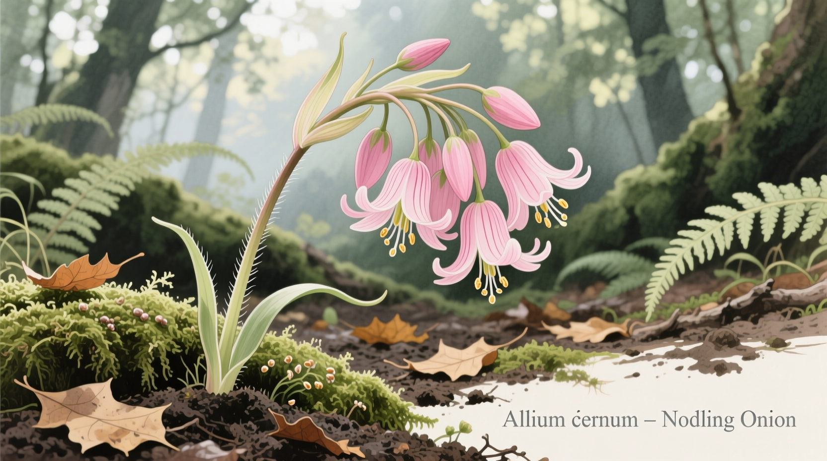 Nodding onion plant with drooping pink flowers in natural habitat