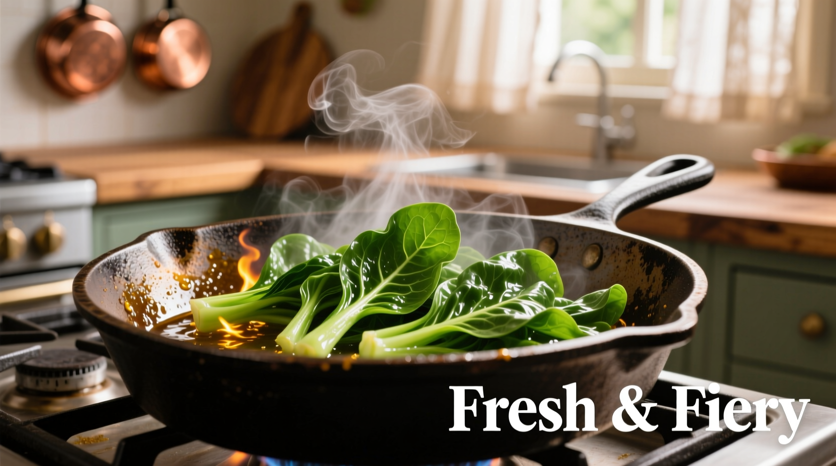Sizzling mustard greens in cast iron skillet