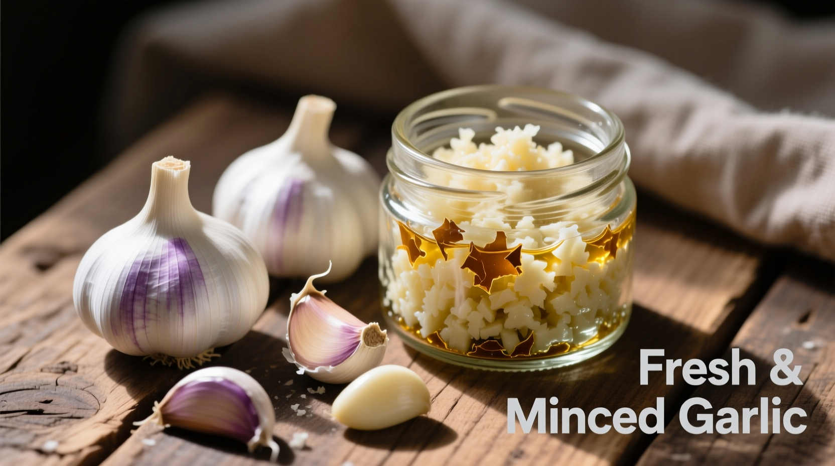 Fresh garlic cloves next to minced garlic in jar