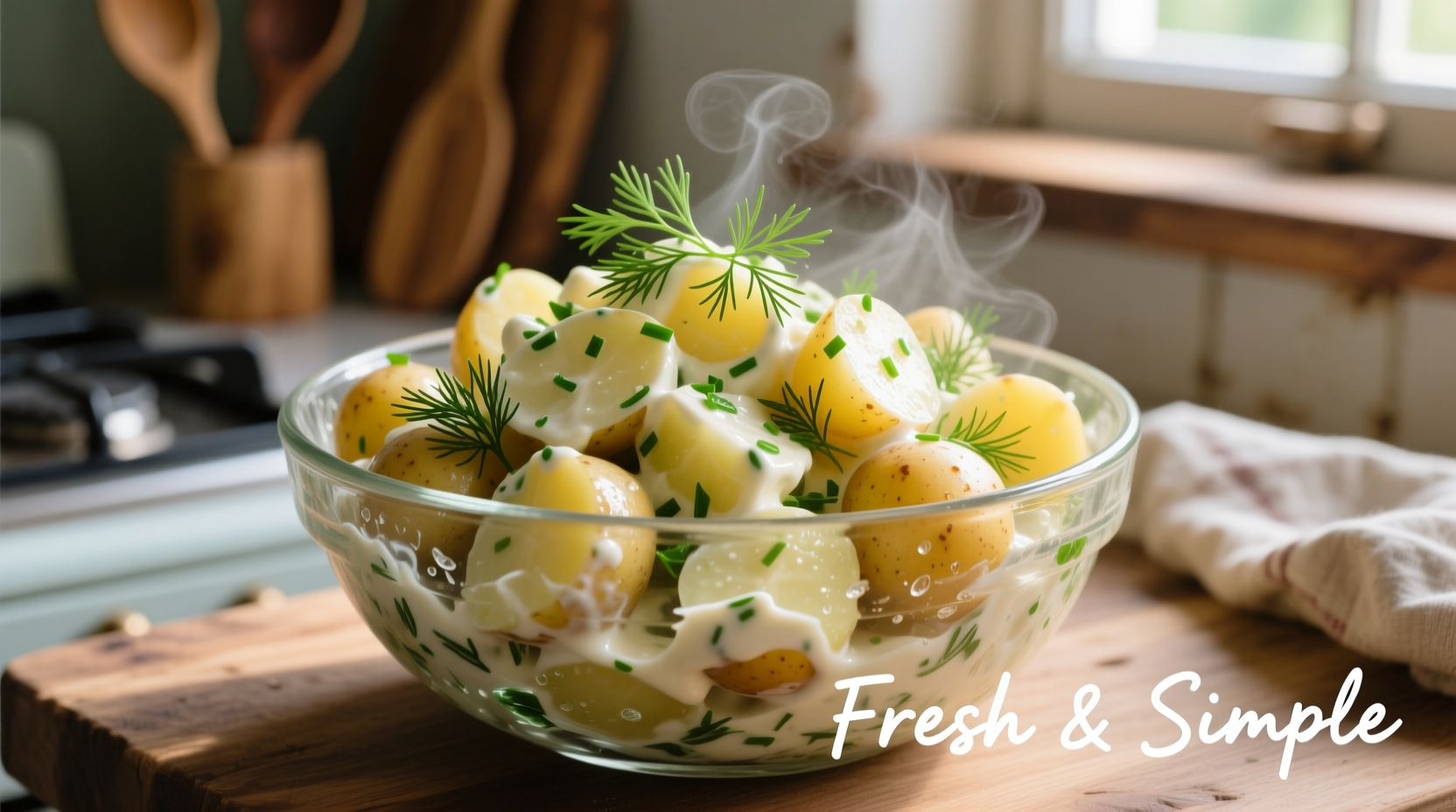 Homemade potato salad in glass bowl with fresh dill