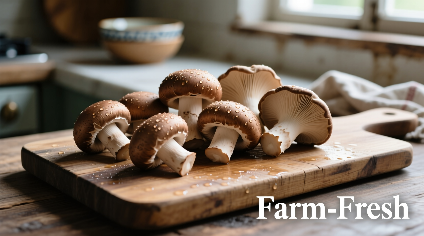 Fresh cremini and shiitake mushrooms on cutting board