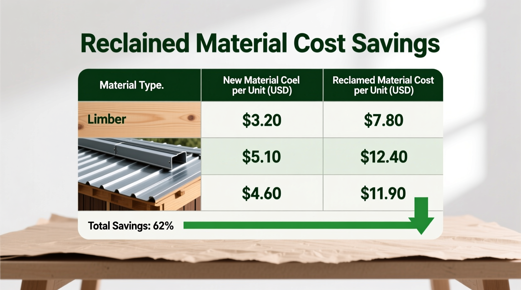 Cost comparison table showing reclaimed material savings for pole barn construction
