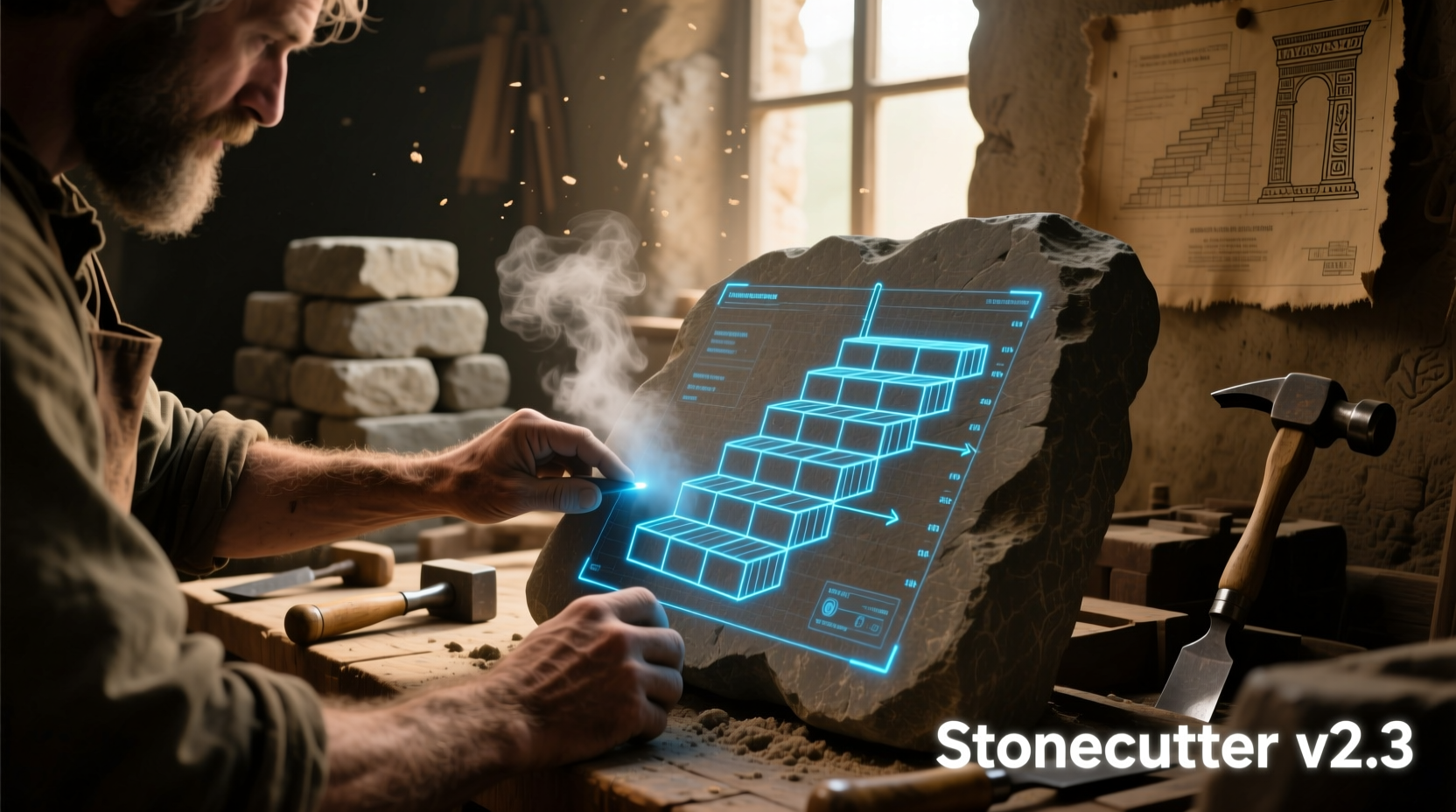 Player using stonecutter interface to create stone brick stairs