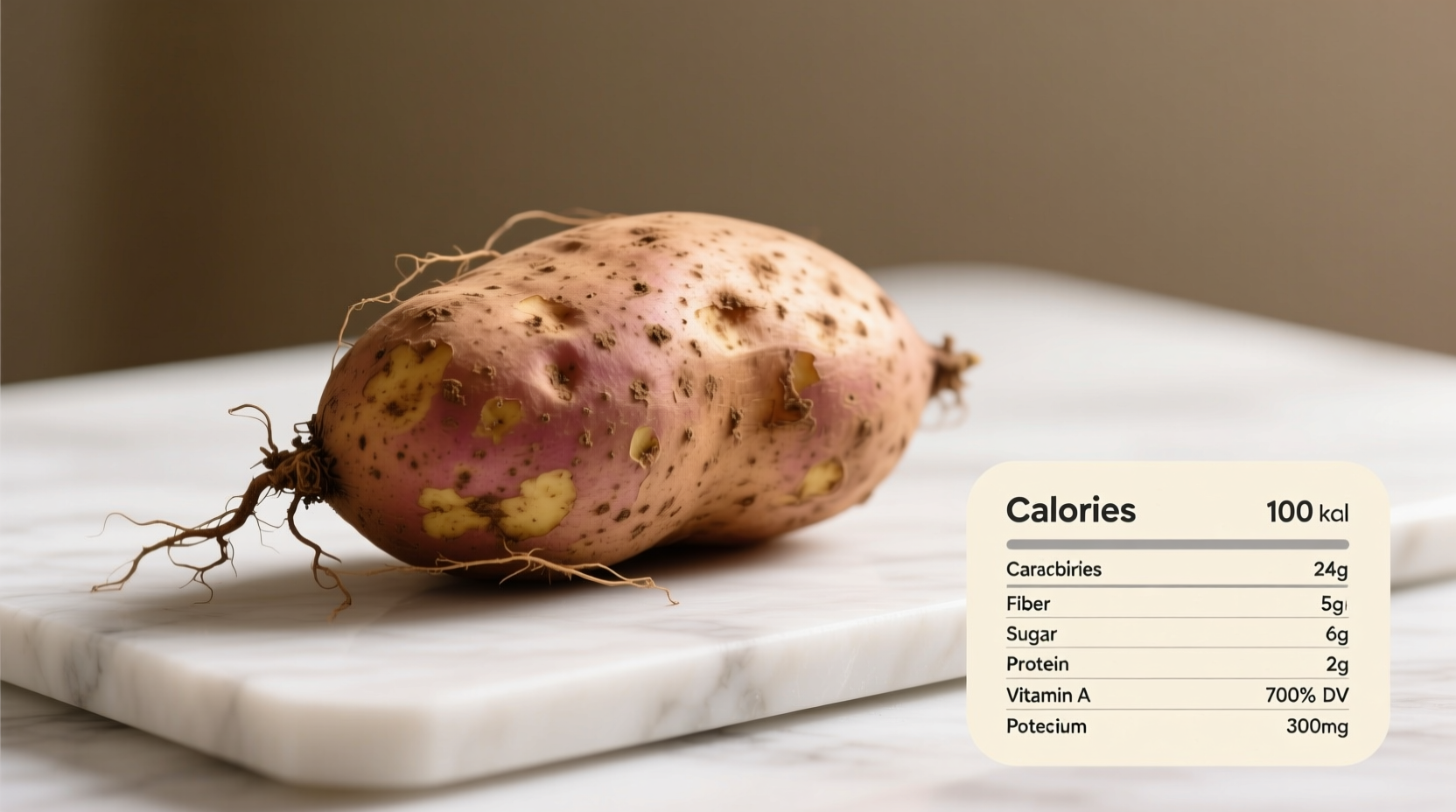 Medium sweet potato with nutritional information chart