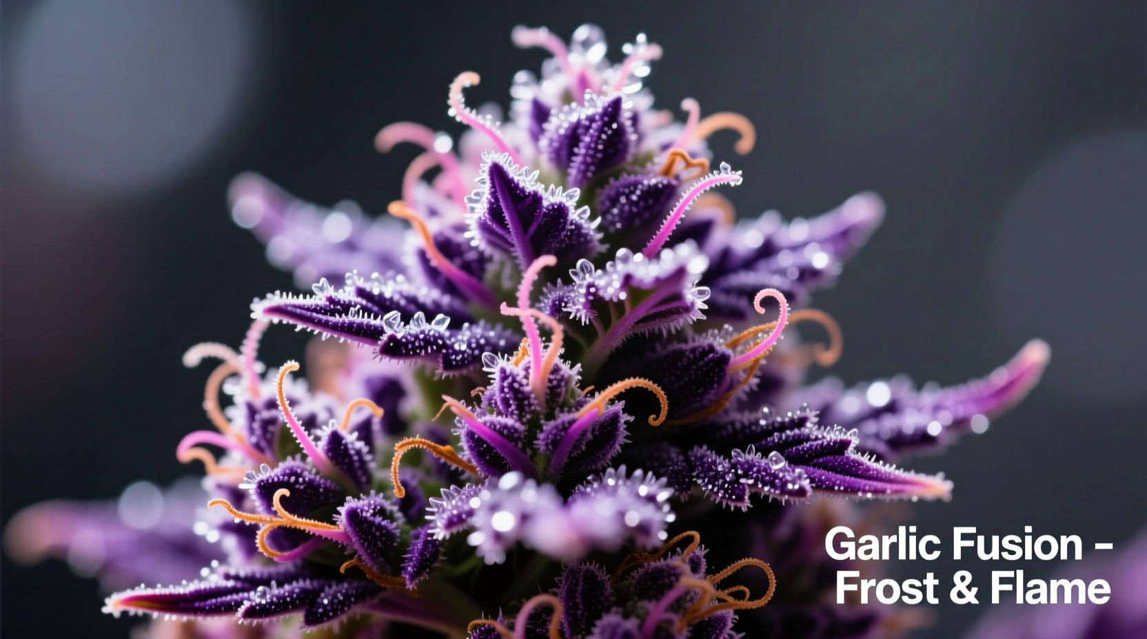 Close-up of Garlic Fusion strain buds showing frosty trichomes and purple hues