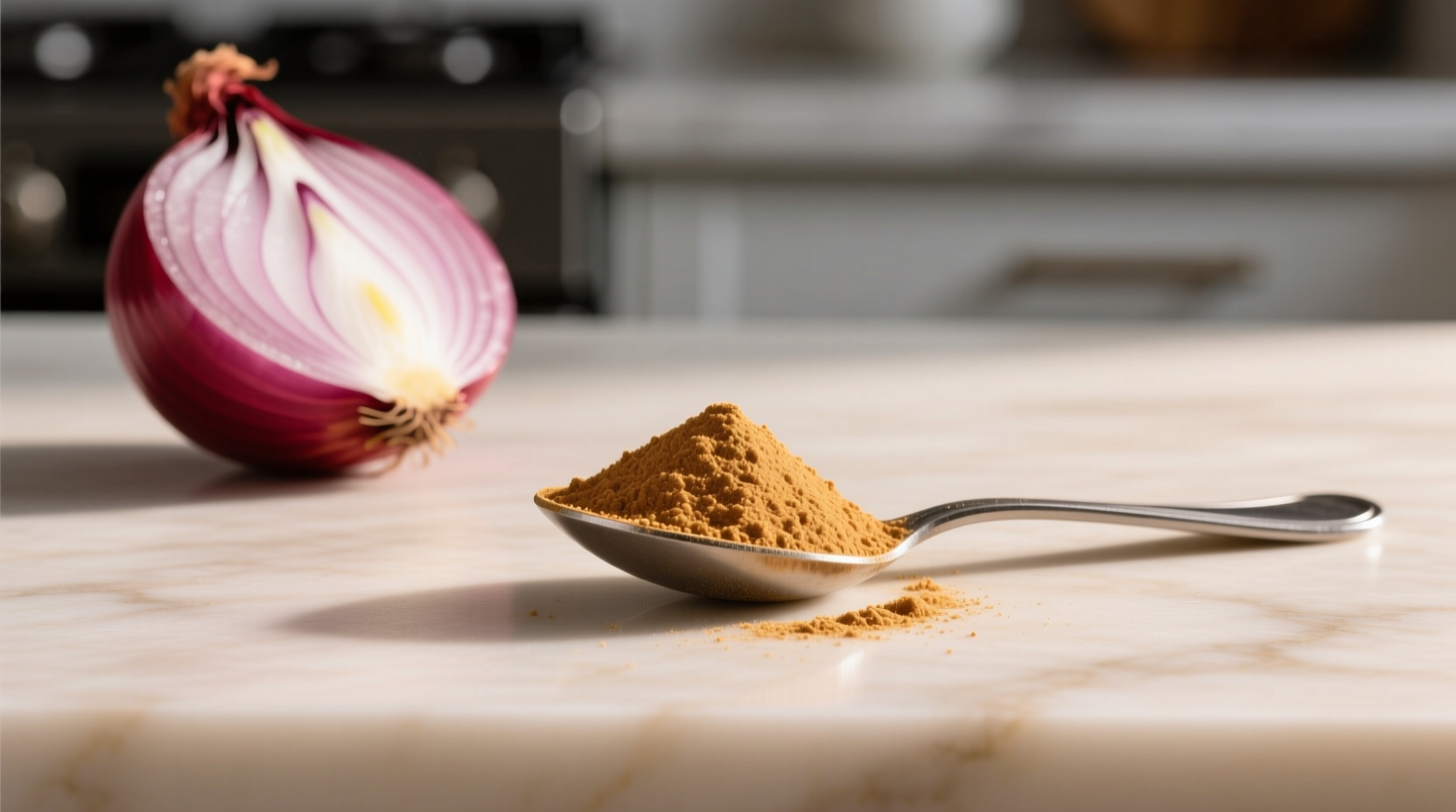 Single onion next to a small bowl of onion powder, illustrating the dehydration process from whole vegetable to concentrated spice