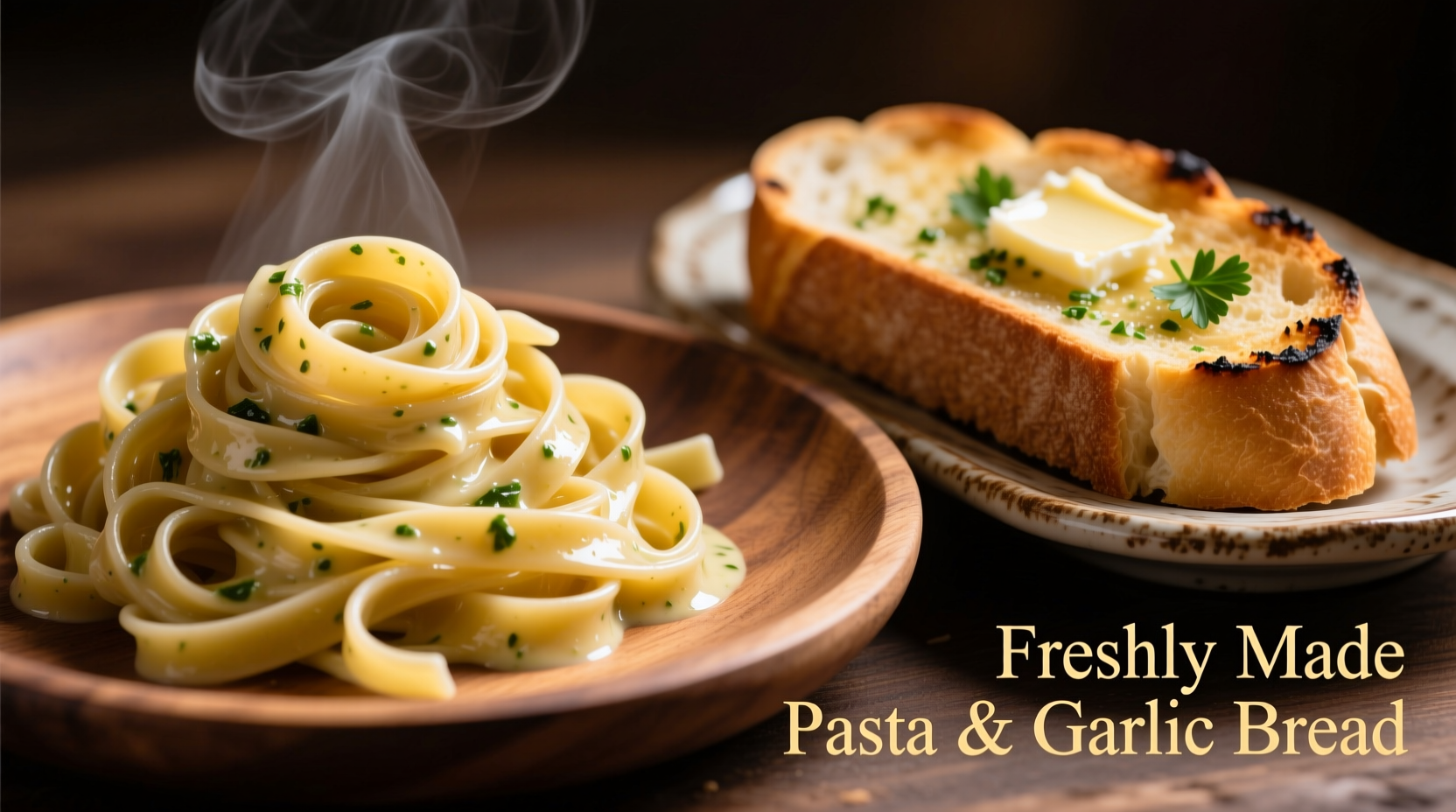 Freshly made pasta with golden garlic bread