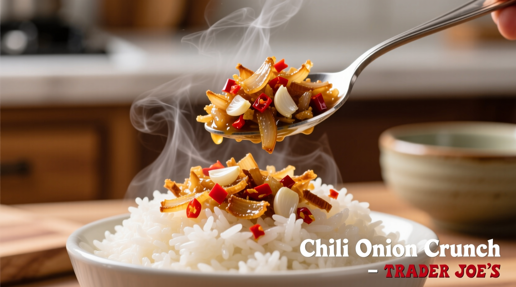 Close-up of Trader Joe's Chili Onion Crunch spooned over rice
