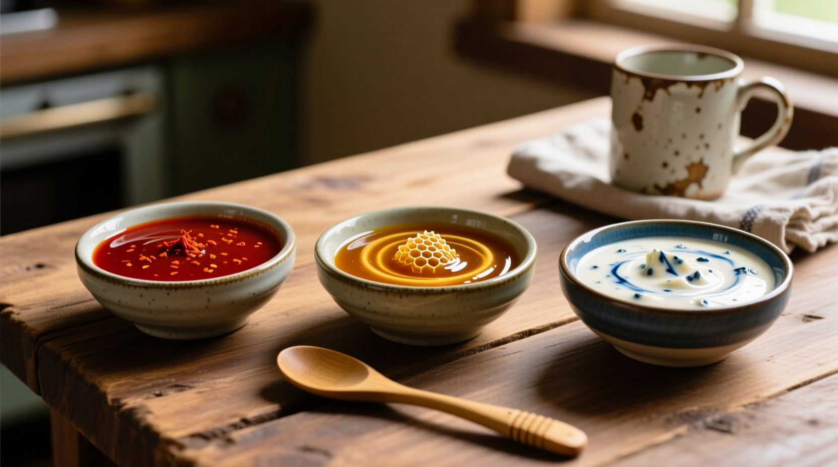 Three buffalo sauce variations in dipping bowls