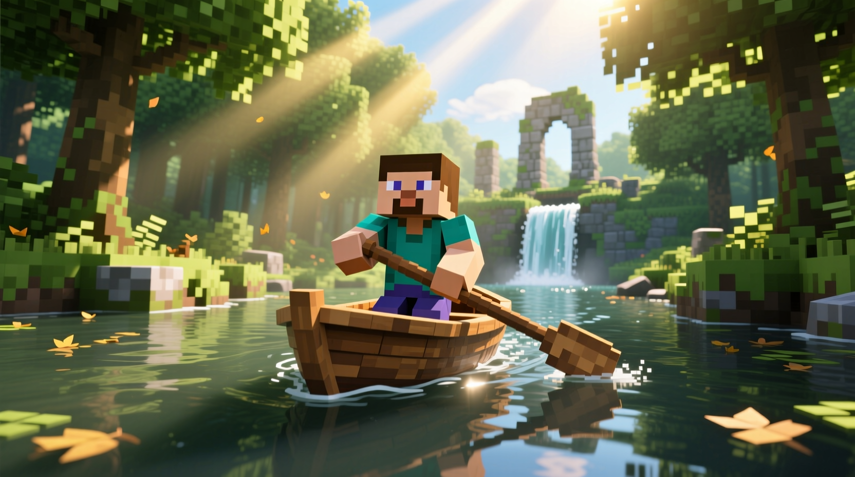 Player successfully riding a Minecraft boat through a river