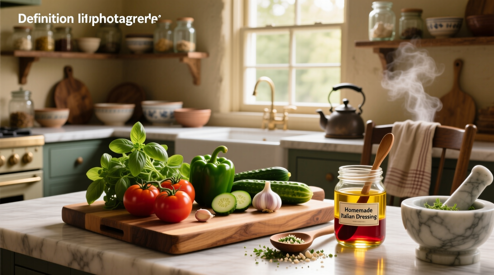 Close-up of a glass jar filled with golden Italian dressing surrounded by fresh herbs and lemons