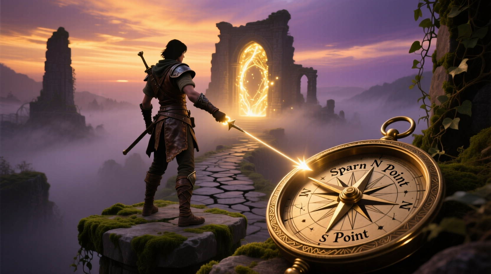 Player holding compass showing direction to spawn point
