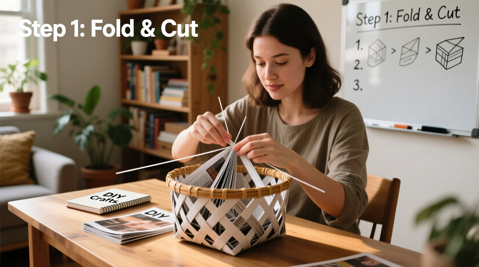 Sarah demonstrating woven magazine basket tutorial step