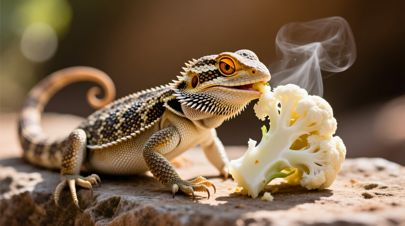 Bearded dragon carefully eating small piece of cooked cauliflower