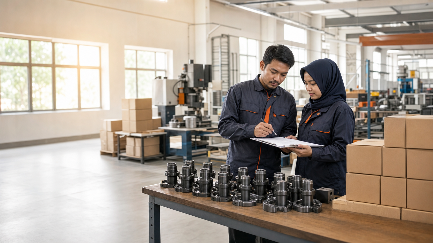 Illustrative Indonesian manufacturing professionals reviewing quality checks in a modern factory
