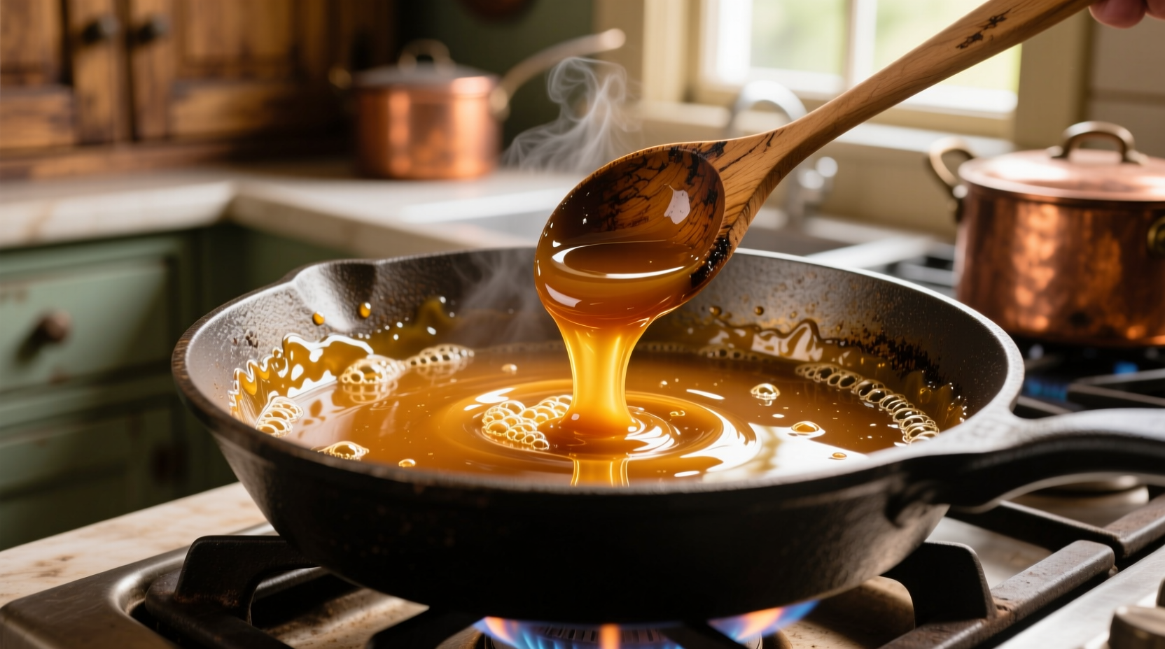 Golden amber caramel in saucepan with wooden spoon