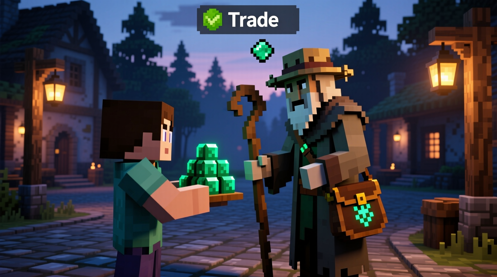 Player trading emeralds for lead with Wandering Trader in Minecraft