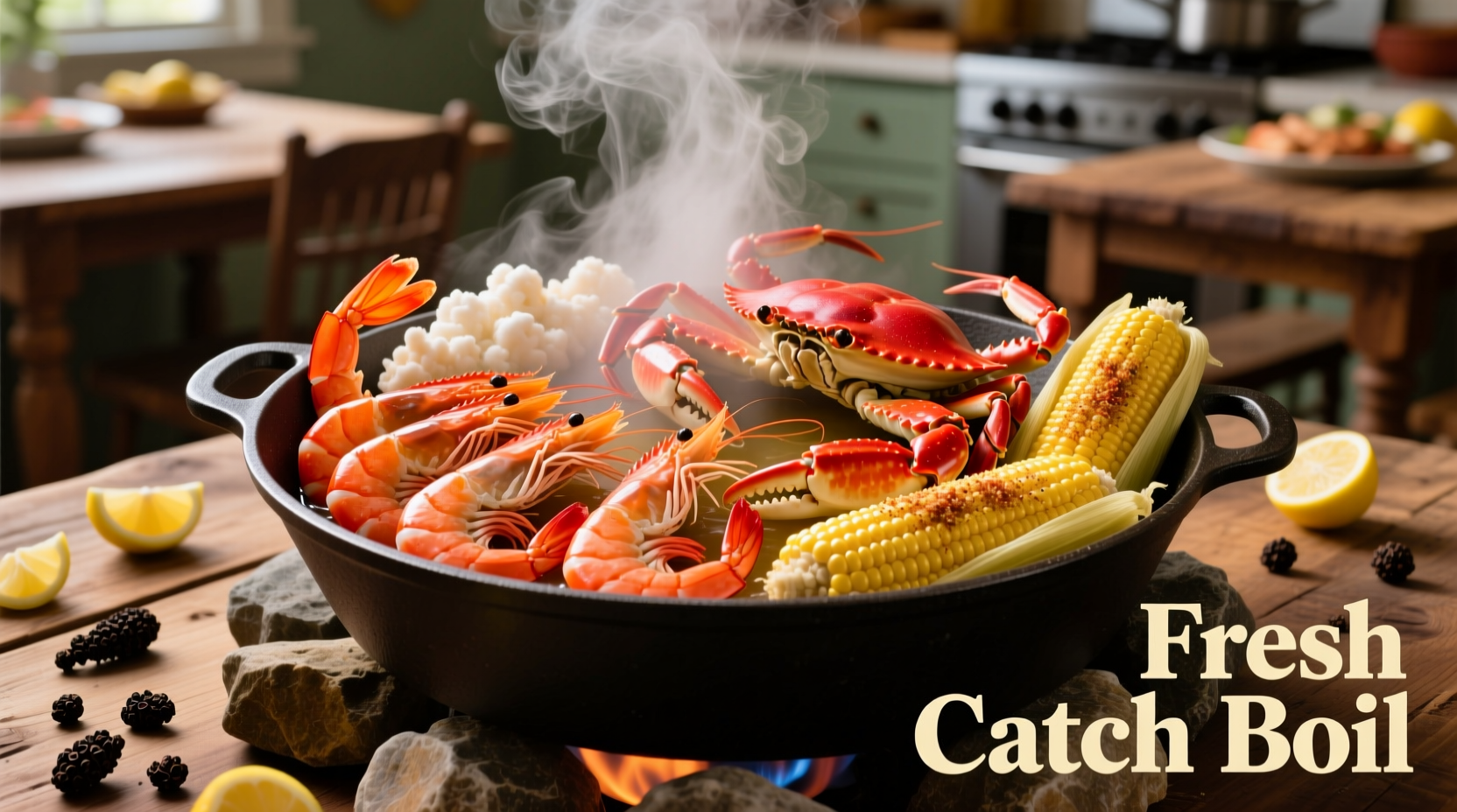 Fresh shrimp crab and corn arranged for seafood boil