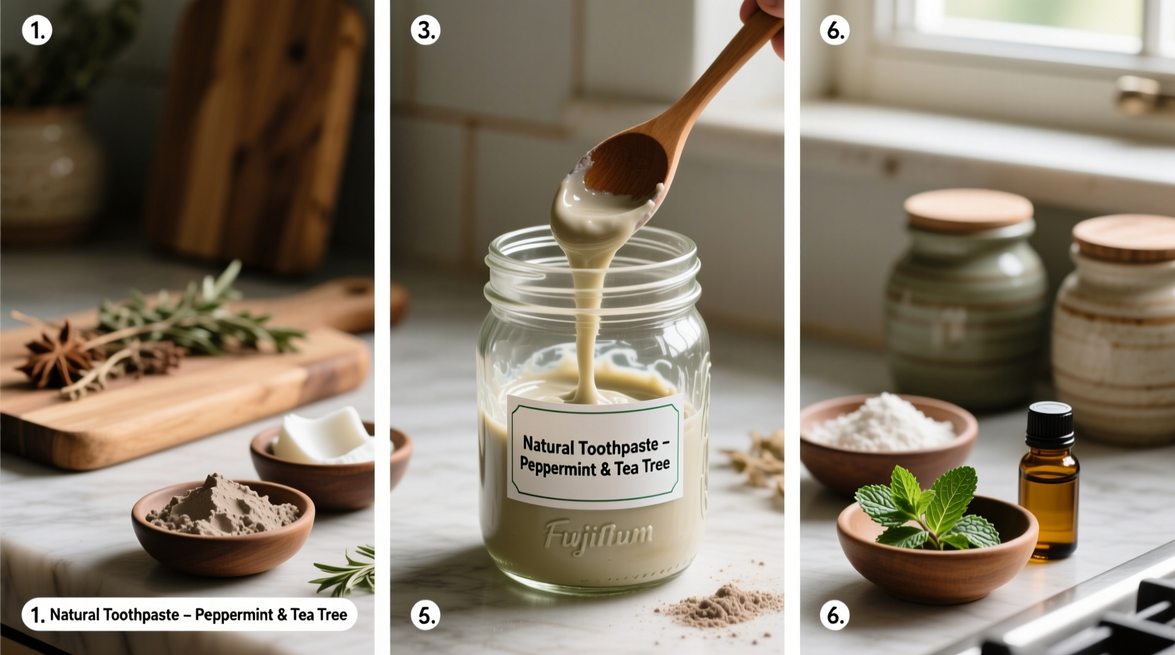 Step-by-step mixing process for natural toothpaste in mason jar