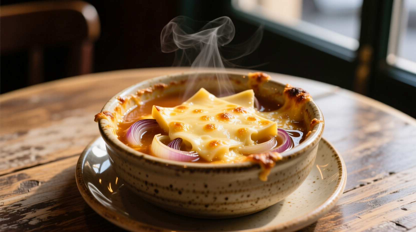 Golden French onion soup with melted cheese in ceramic bowl