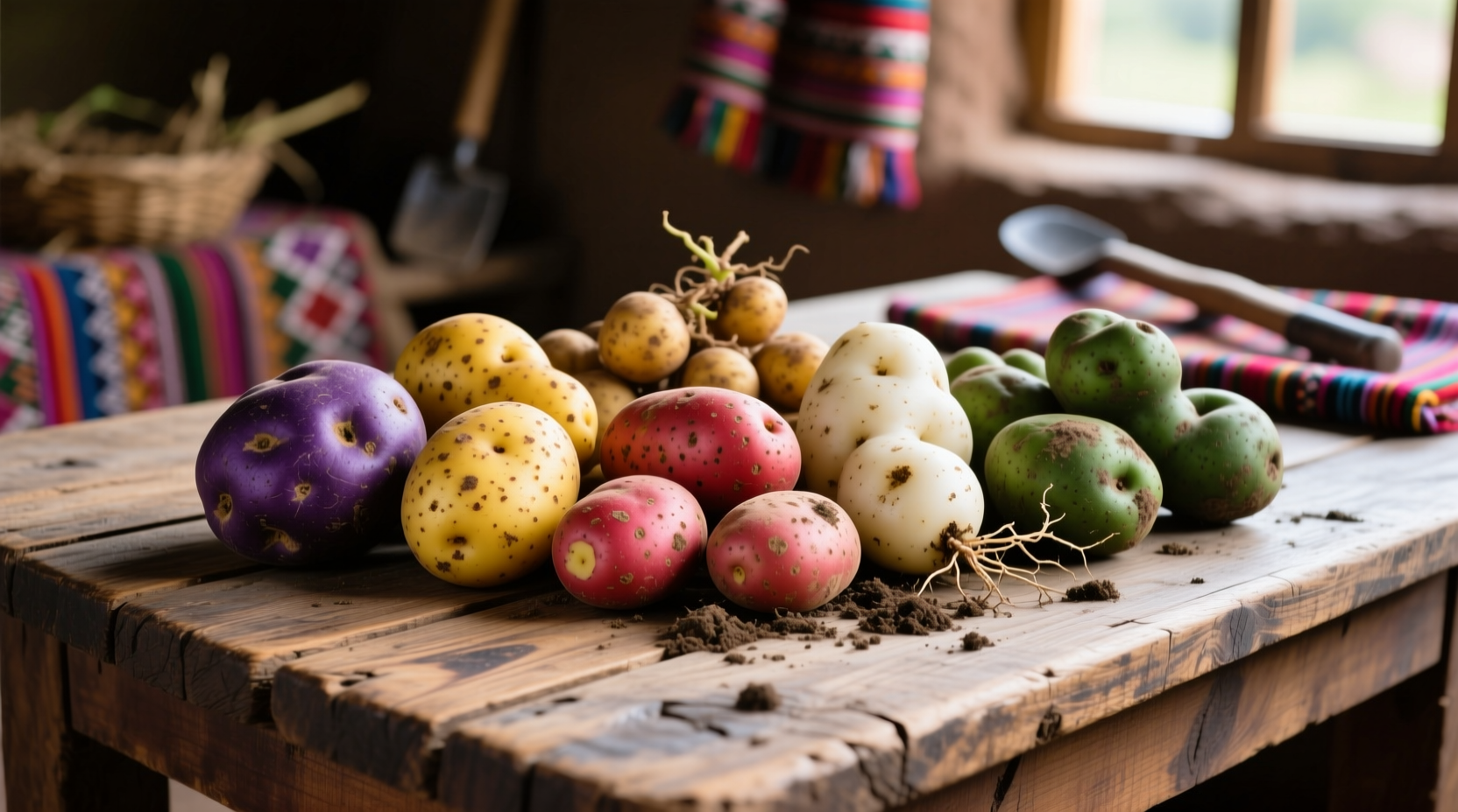 Traditional Peruvian potato varieties arranged on wooden table