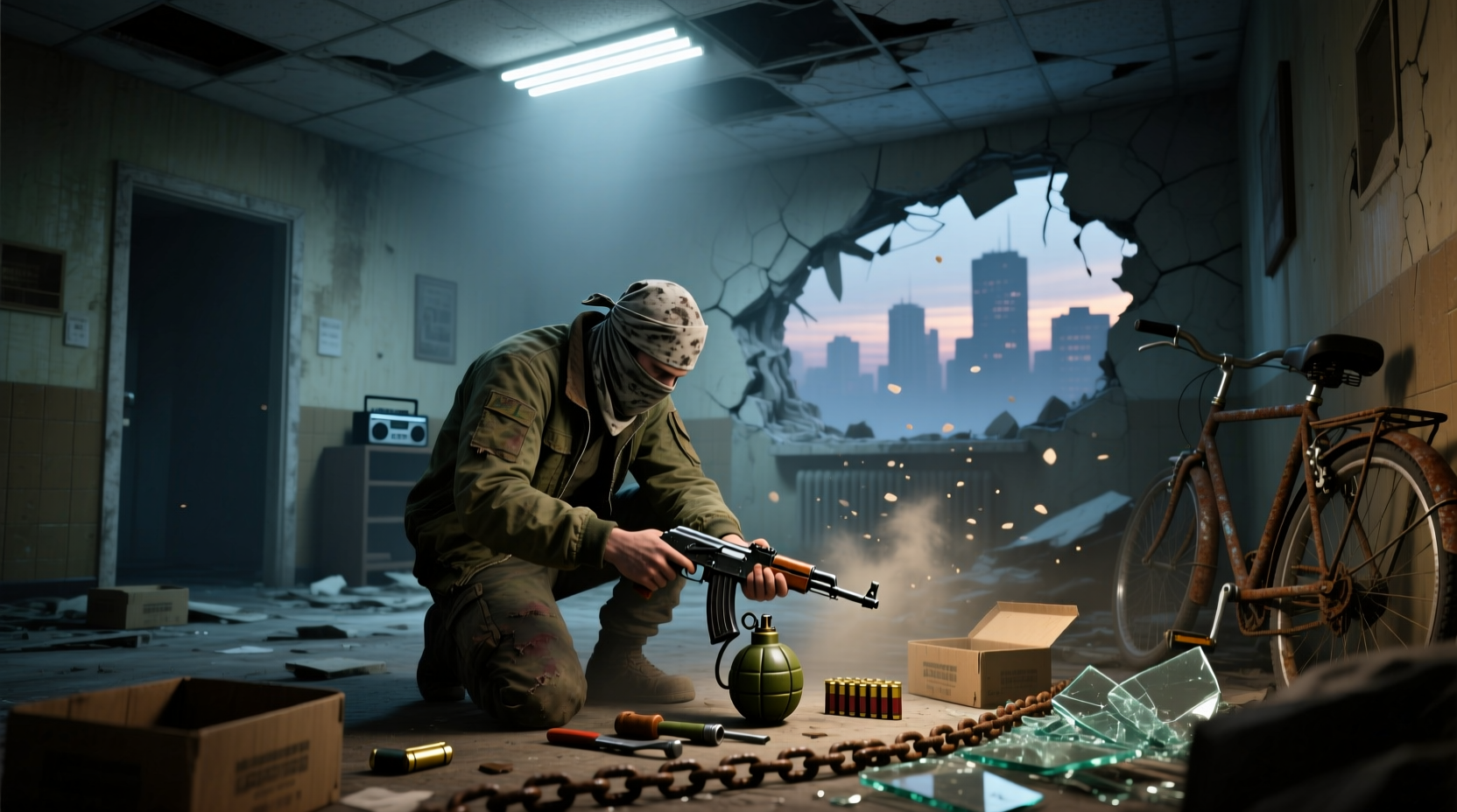 DayZ player crafting silently in abandoned building