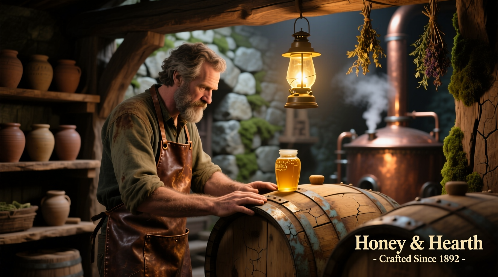 Mead maker inspecting honey barrels in rustic brewery