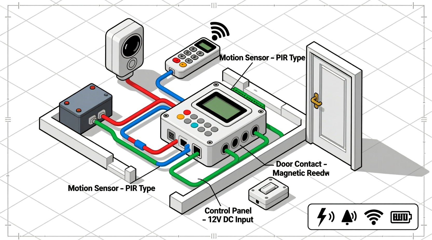 DIY alarm system component layout diagram for small home