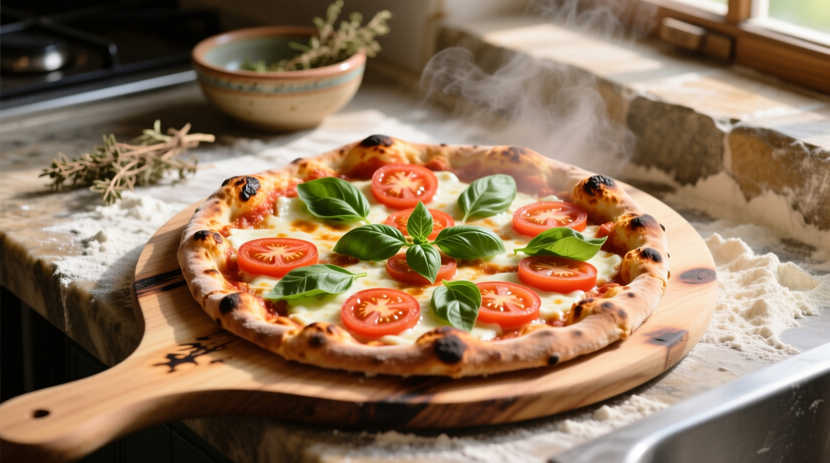Fresh tomato basil pizza on wooden peel