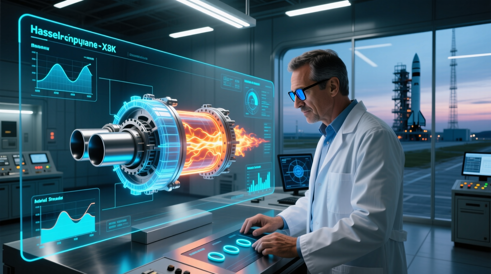 Professional rocket engineer examining combustion chamber design