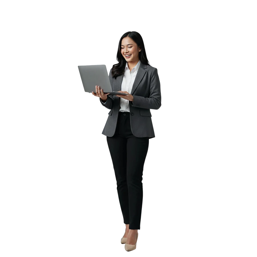 Ilustrasi penjual perempuan menggunakan laptop