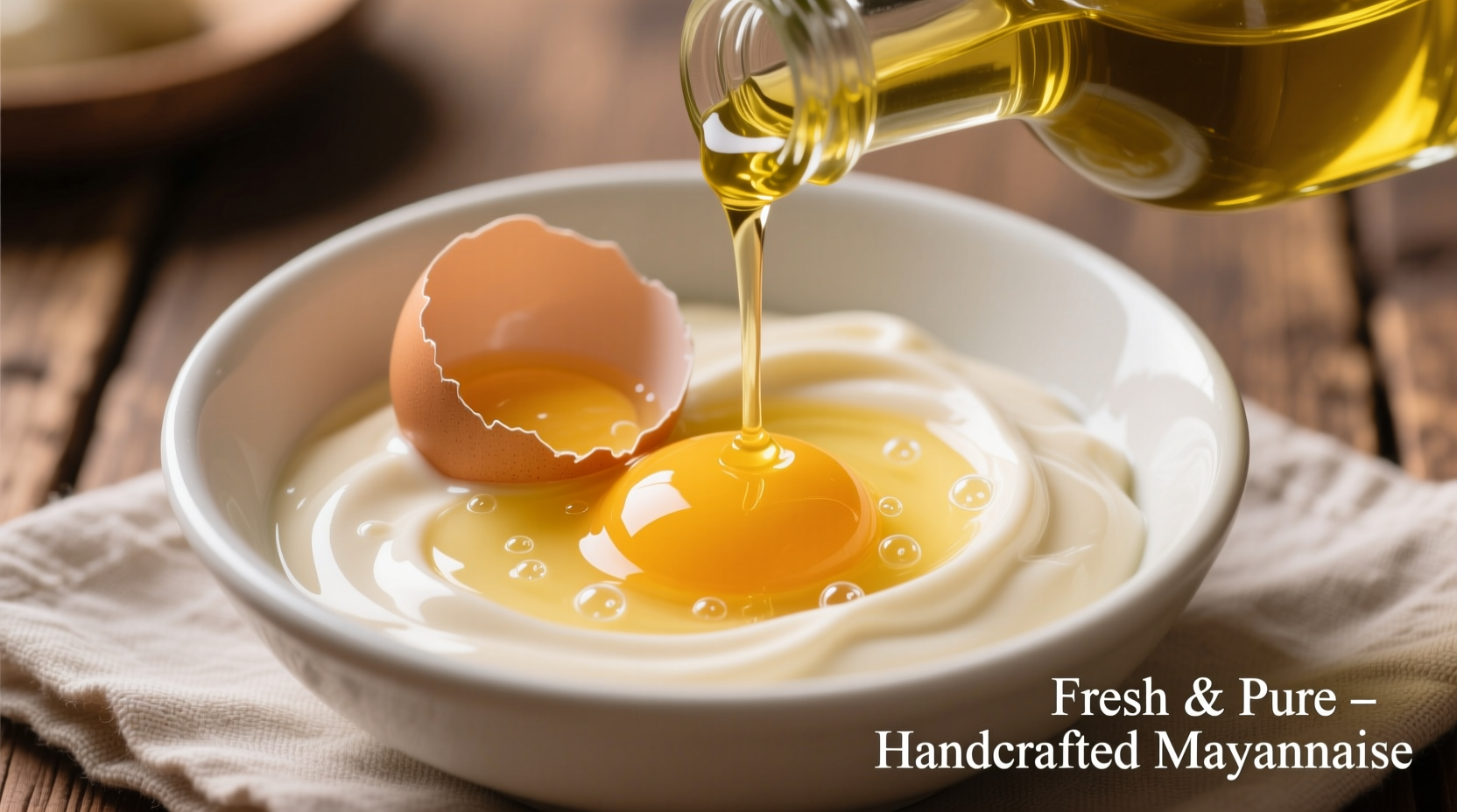 Fresh egg yolks and olive oil for homemade mayonnaise