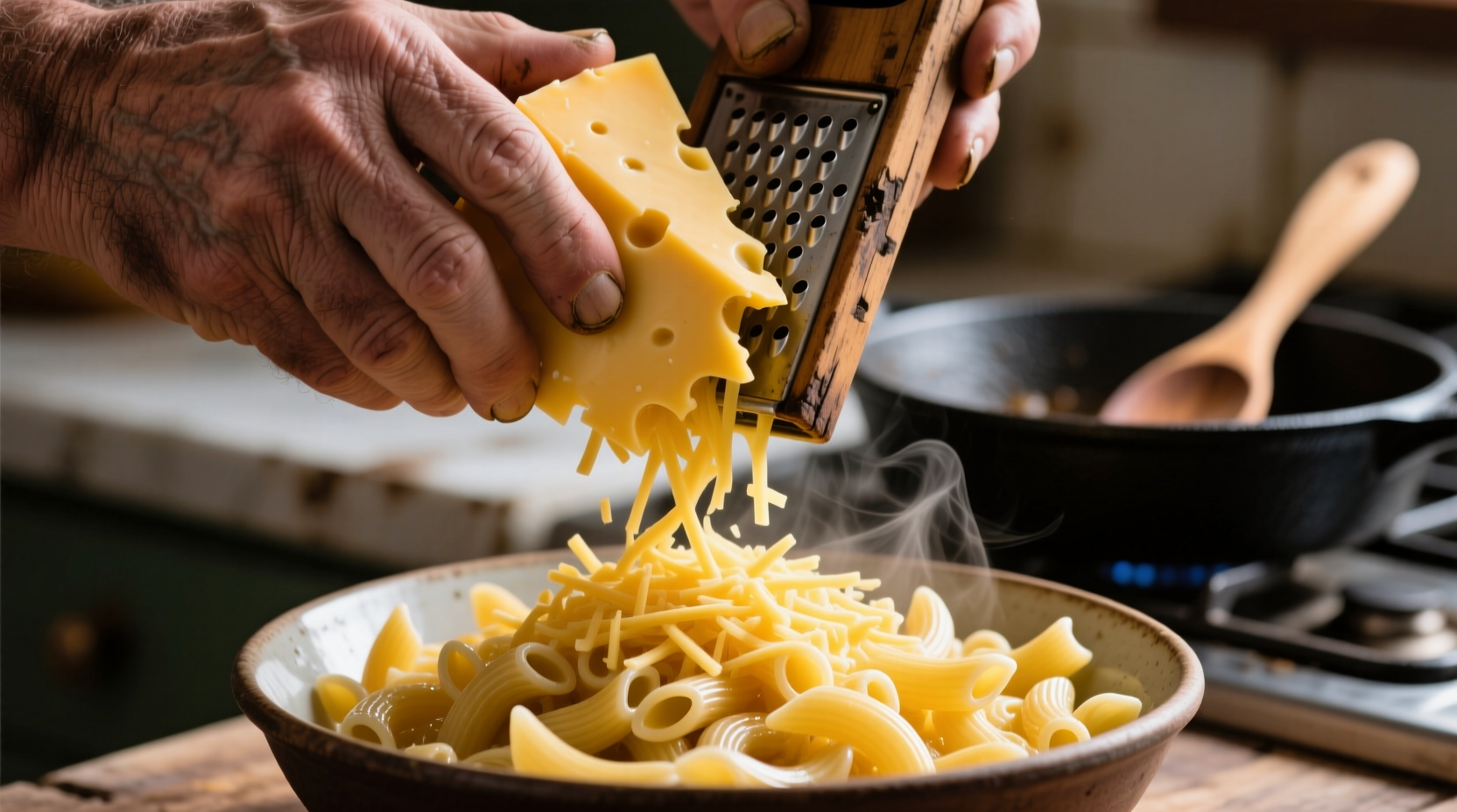 Hand grating sharp cheddar cheese for macaroni