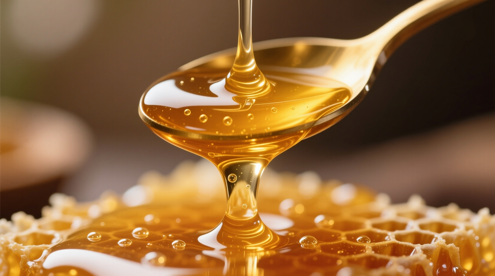 Close-up of honey showing its golden color and viscosity
