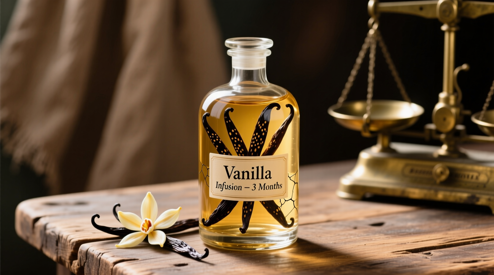 Split vanilla beans in glass bottle with vodka