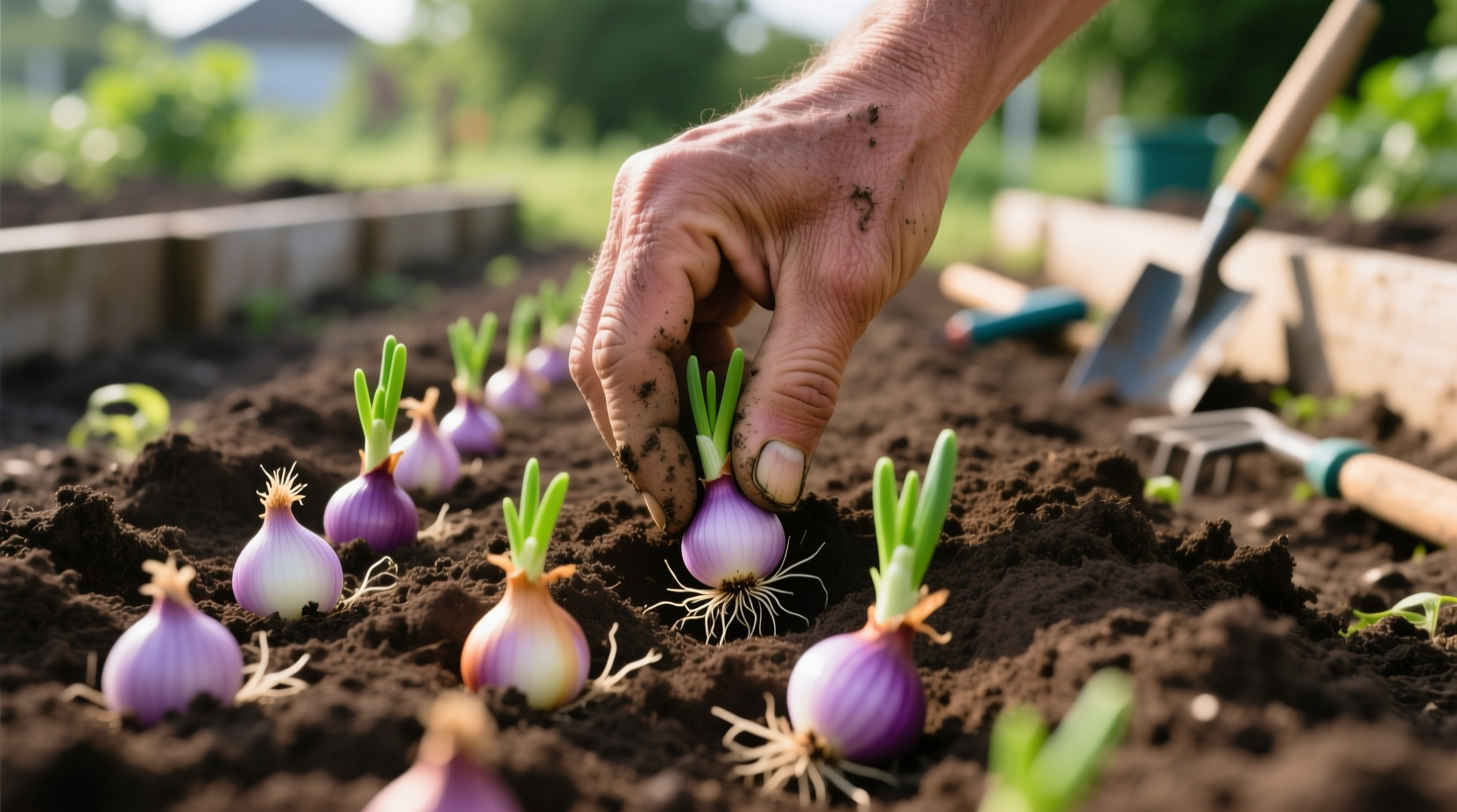 Hand placing onion sets in prepared garden soil