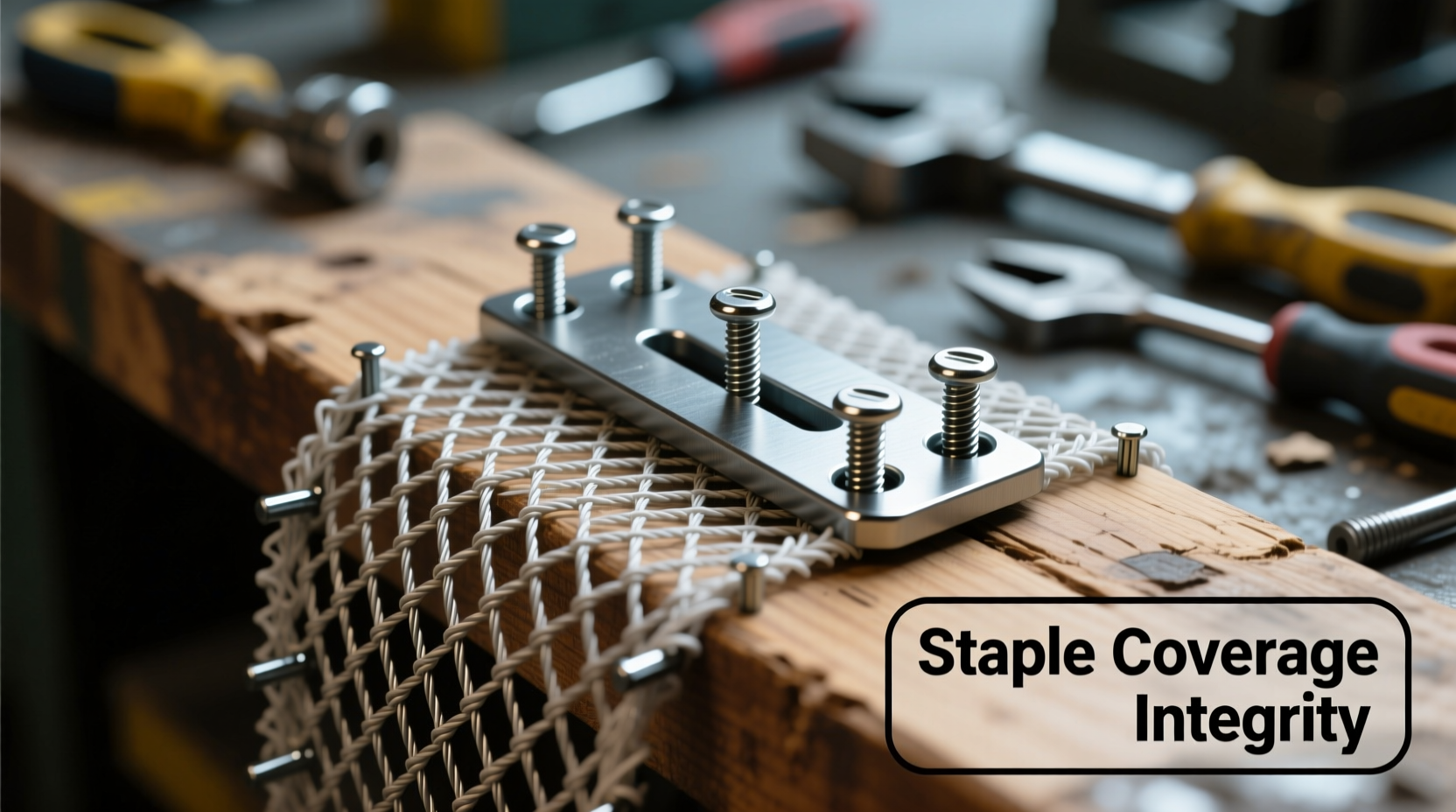 Hardware cloth attachment showing staple coverage preventing chewing