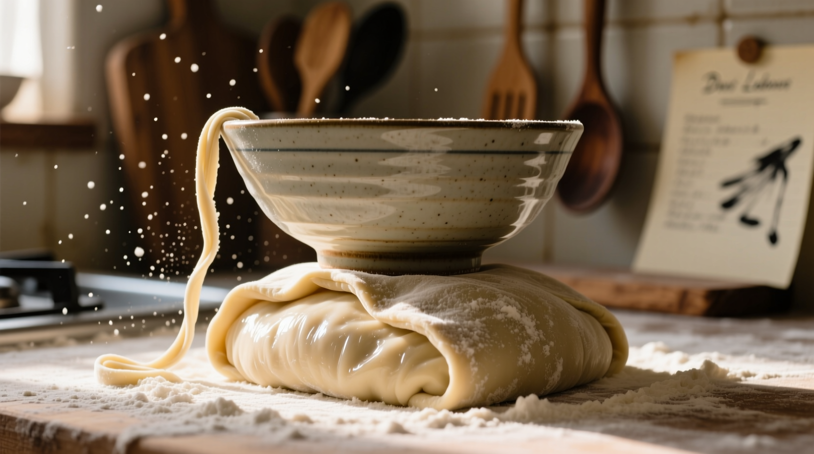 Homemade ramen dough resting under bowl