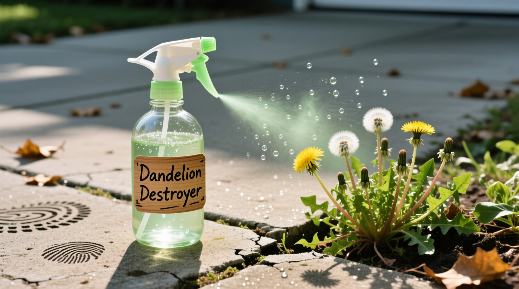Homemade weed killer spray bottle targeting dandelions in driveway