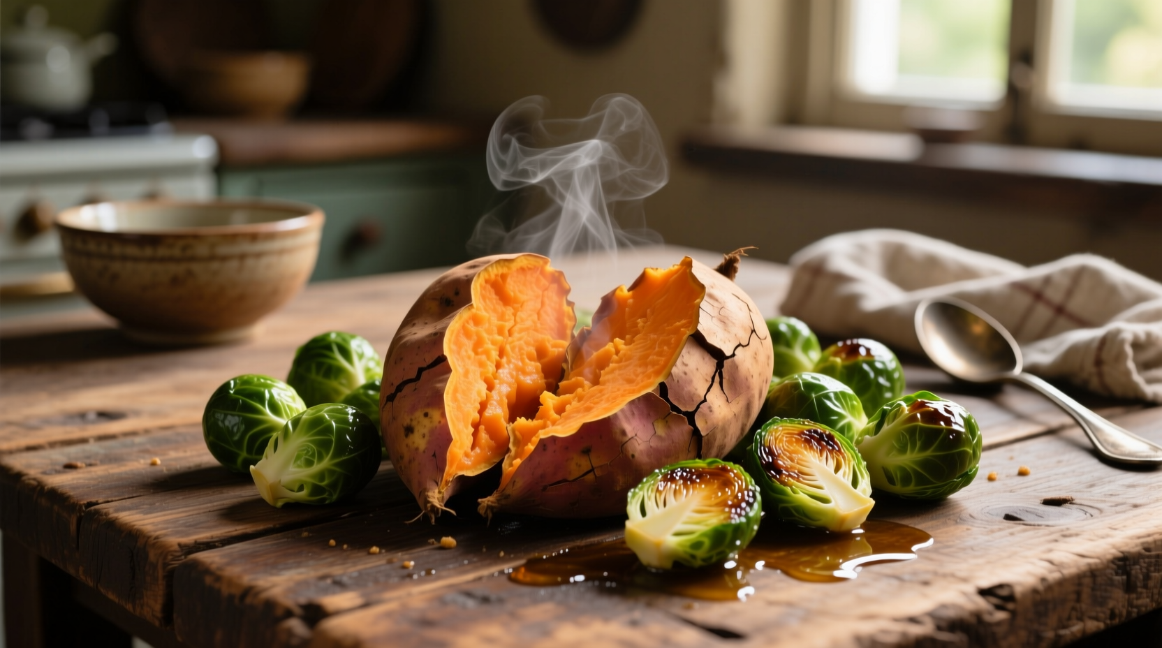 roasted sweet potato and brussel sprouts