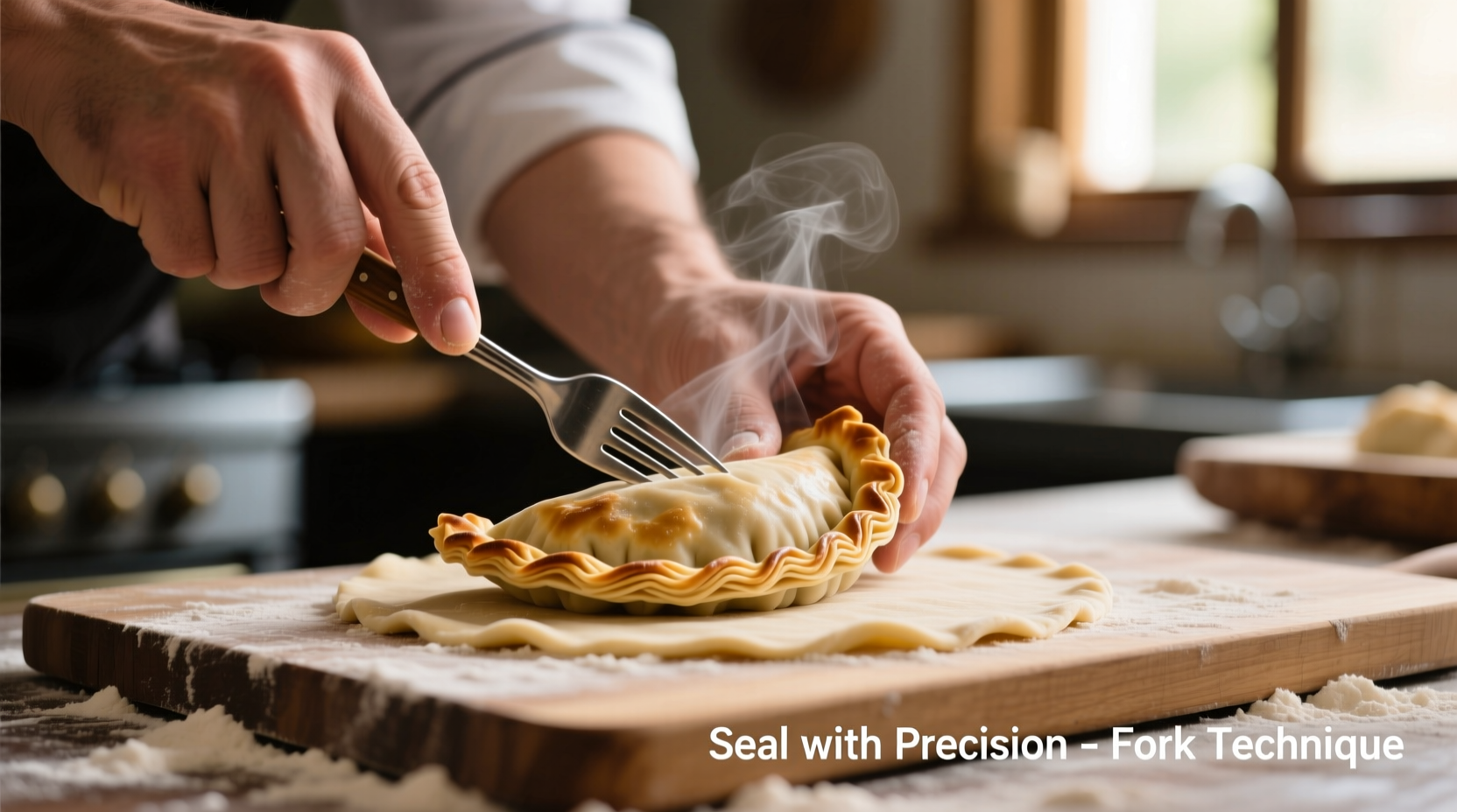 Hand sealing empanada edge with fork technique demonstration