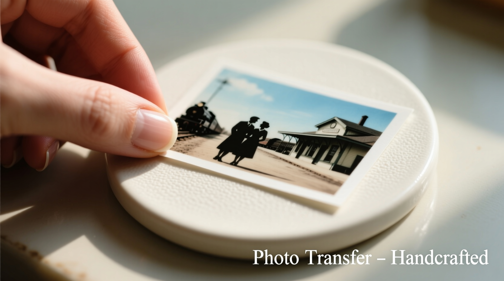Hand arranging photo transfer on ceramic coaster