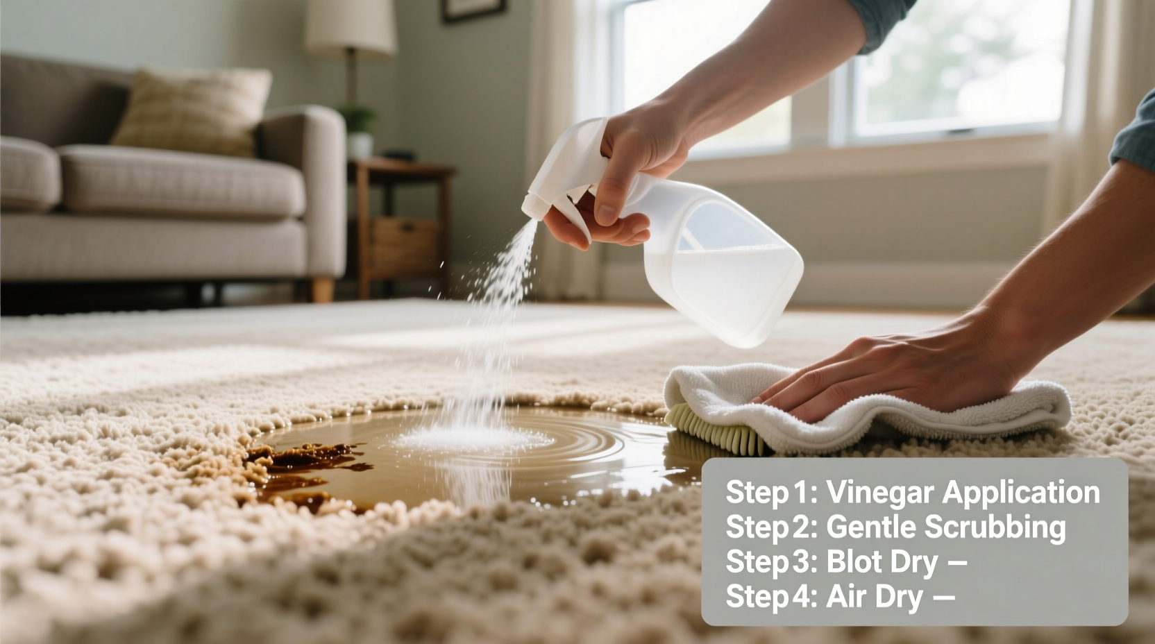 Step-by-step vinegar carpet cleaning demonstration