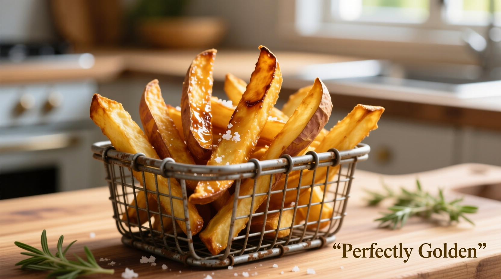 Perfectly golden air fried sweet potato fries in basket