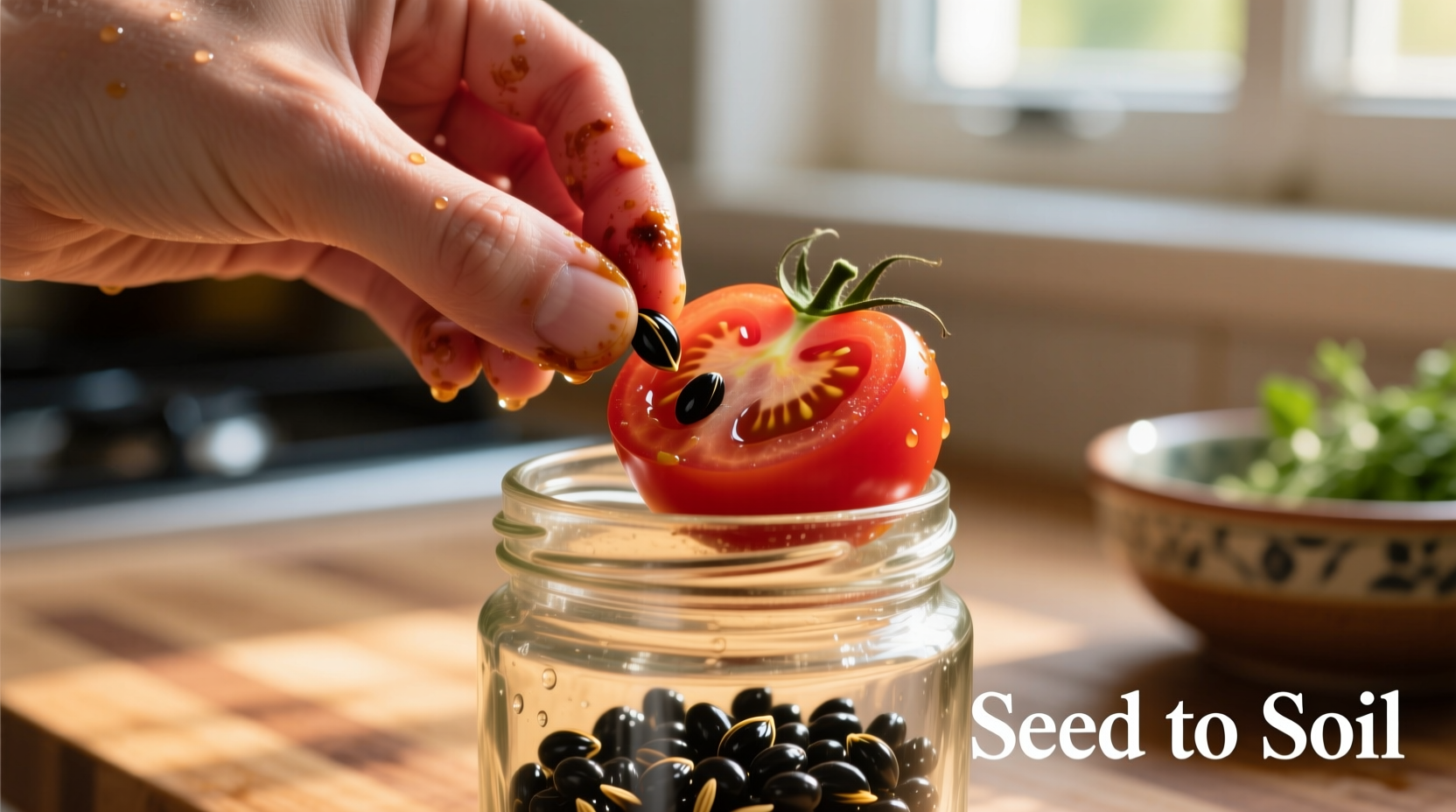 Hand extracting tomato seeds into glass jar