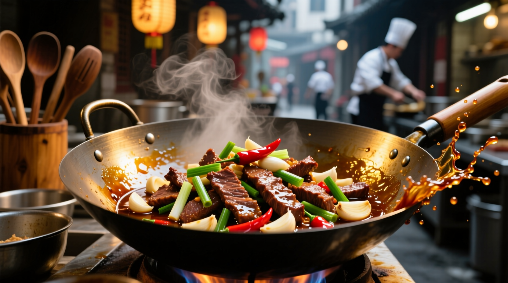 Sizzling beef garlic sauce in wok with fresh ingredients
