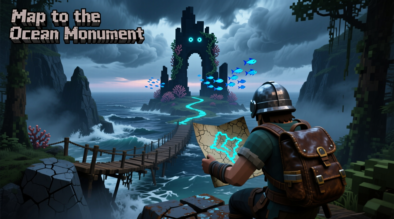 Exploring map leading to ocean monument in Minecraft