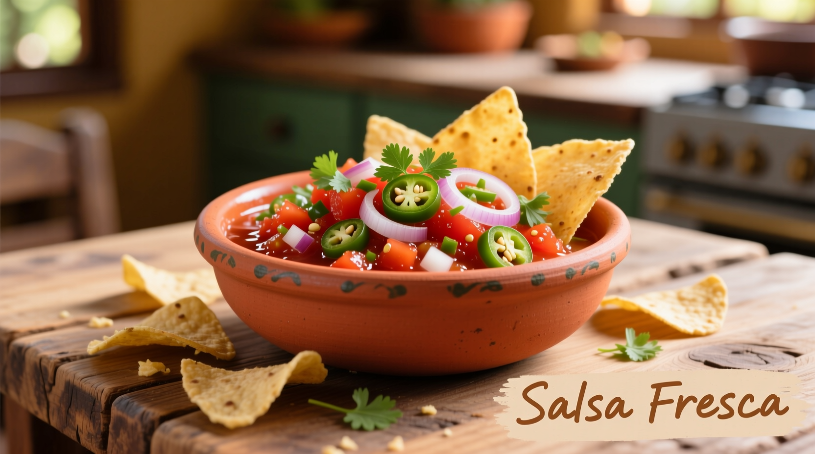 Fresh tomato salsa in clay bowl with tortilla chips