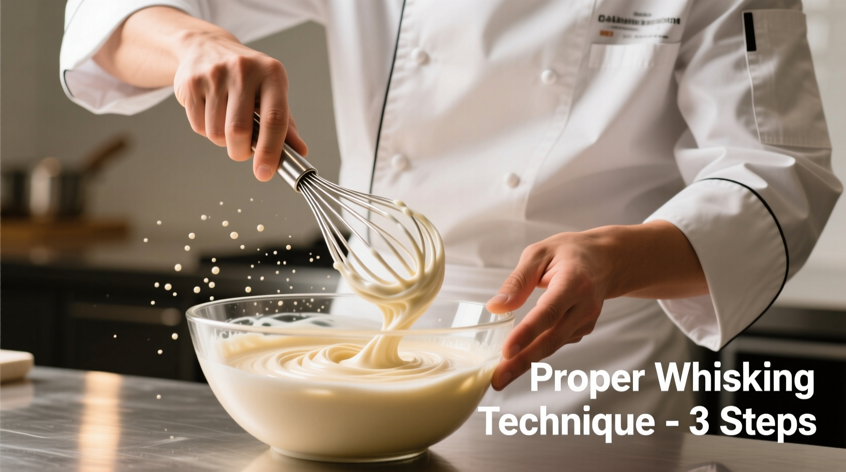 Chef demonstrating proper whisking technique with clear visual cues