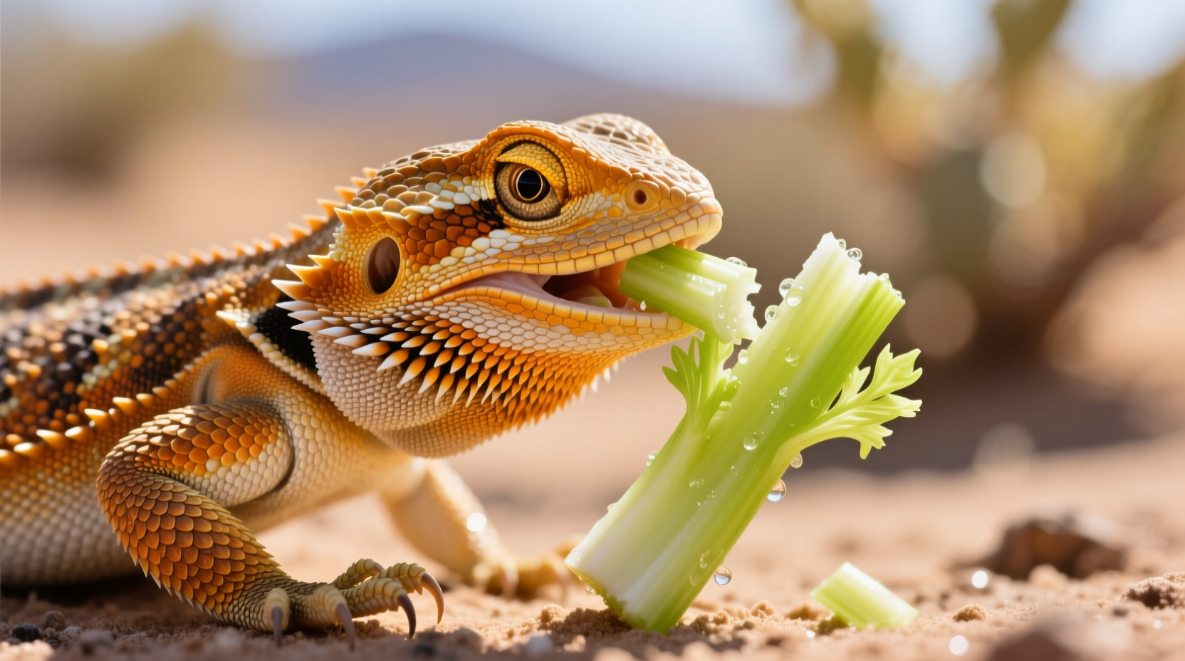 Bearded dragon carefully eating small piece of chopped celery
